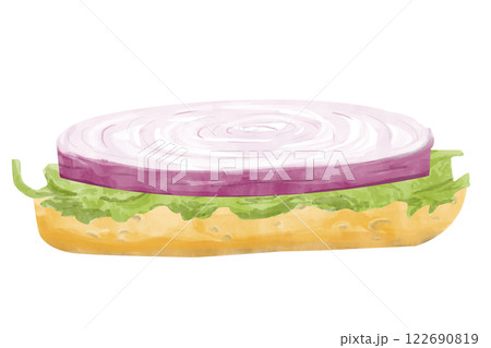 Watercolor Finnish Sandwich with Red Onion and Lettuce Leaves, Hand Drawn Color Illustration for Print, Web and Textile Watercolor Finnish Sandwich with Red Onion and Lettuce Leaves, Hand Drawn Color Illustration for Print, Web and Textile 122690819