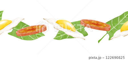 Watercolor Illustration Seamless Pattern Border with Sandwich, Fried Egg and Spinach Leaves for Printing, Textile and Web Use Watercolor Illustration Seamless Pattern Border with Sandwich, Fried Egg and Spinach Leaves for Printing, Textile and Web Use 122690825