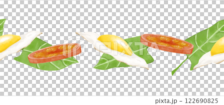 Watercolor Illustration Seamless Pattern Border with Sandwich, Fried Egg and Spinach Leaves for Printing, Textile and Web Use 122690825