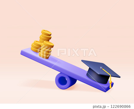 3D graduation cap and golden coins on scales. 122690866