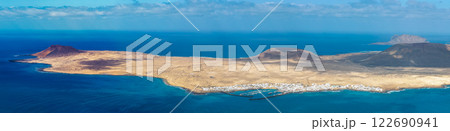 Panoramic View of Volcanic La Graciosa Island and Ocean Panoramic View of Volcanic La Graciosa Island and Ocean 122690941