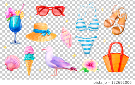 Set of watercolor women's summer sea items 122691006