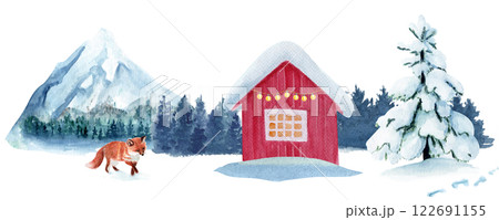 Fox in a winter landscape with a log house, lights, mountain watercolor border. High quality hand drawn clip art perfect for cards, textile, books, home decor, for children products, calendars 122691155