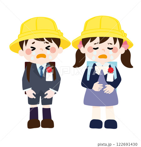 入学式でランドセルを背負いながらつらそうな様子のこどもたち（小学1年生）のベクターイラスト 122691430