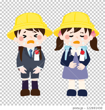 入学式でランドセルを背負いながらつらそうな様子のこどもたち（小学1年生）のベクターイラスト 122691430