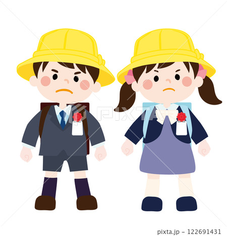 入学式でランドセルを背負いながら怒っているこどもたち（小学1年生）のベクターイラスト 122691431