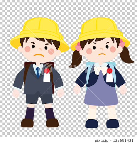 入学式でランドセルを背負いながら怒っているこどもたち（小学1年生）のベクターイラスト 122691431