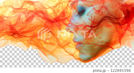 A womans face is partly obscured by flowing, translucent orange and yellow fabric, lit by studio lights 122691598