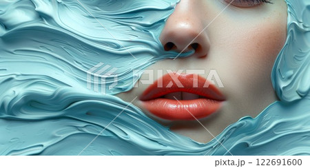 A close-up photograph of a woman lips and nose covered in blue paint 122691600