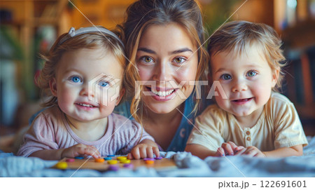 A mother smiles as she looks at her two young children playing with toys on the floor 122691601