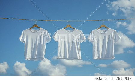 青空の下で白いTシャツが風に揺れる洗濯日和「AI生成画像」 122691938
