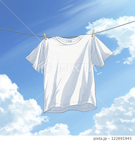 青空の下で白いTシャツが風に揺れる洗濯のイラスト「AI生成画像」 青空の下で白いTシャツが風に揺れる洗濯のイラスト「AI生成画像」 122691943