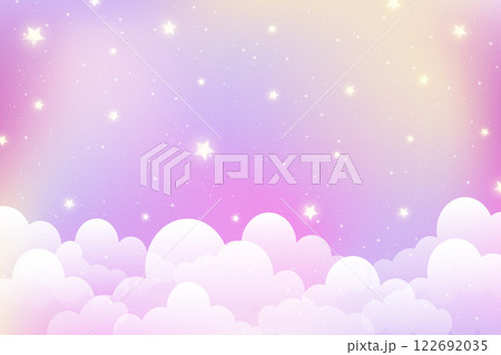Cloudy sky background with cute stars. Magic pink pastel abstract landscape. Dreamy girly vector abstract backdrop. Cartoon soft gradient wallpaper with glitter and sparkles. Cloudy sky background with cute stars. Magic pink pastel abstract landscape. Dreamy girly vector abstract backdrop. Cartoon soft gradient wallpaper with glitter and sparkles. 122692035