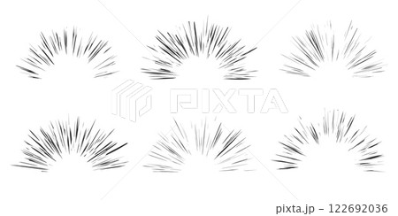Explosion speed lines. Comic radial burst on white background. Vector manga motion elements of burst. Superhero frame, glow and power rays. Sparks of abstract bang roar and scream 122692036