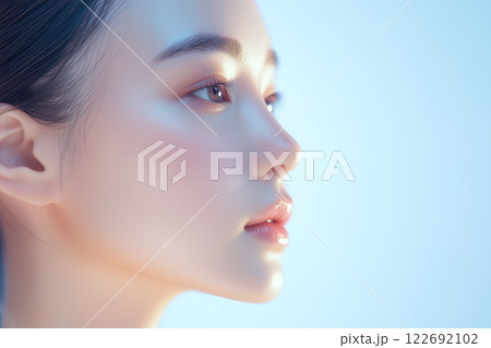 若い綺麗なアジア人女性モデルの横顔。健康的な美しさにフォーカスした美容ポートレート。爽やかな背景。 若い綺麗なアジア人女性モデルの横顔。健康的な美しさにフォーカスした美容ポートレート。爽やかな背景。 122692102
