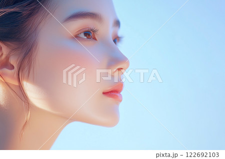 かわいいアジア人女性モデルの横顔。若さと美肌とフォーカスした美容ポートレート。爽やかな背景。 かわいいアジア人女性モデルの横顔。若さと美肌とフォーカスした美容ポートレート。爽やかな背景。 122692103