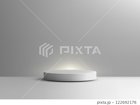 Modern white cylindrical podium on light grey background, 3d minimal product display mockup for showcase or showroom 122692176