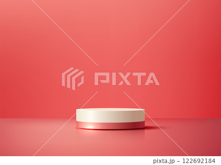 Minimalist pink white cylinder podium showcase on vibrant background, 3d geometric product display mockup 122692184