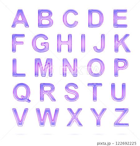 3d glass holographic liquid transparent English ABC alphabet, Latin script. Font letters with iridescent light hologram gradient texture. Crystal render text isolated on background. 3D illustration 122692225