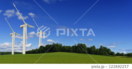 Wind turbines landscape background. Green energy, renewable resources and ecology concept 122692257
