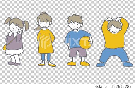 A set of full-body illustrations of a smiling child standing facing you 122692285