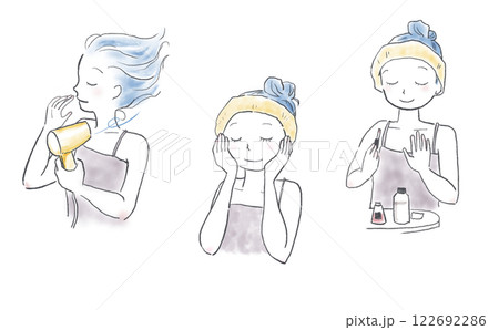 お風呂上がりのスキンケアをする女性のイラストセット 122692286