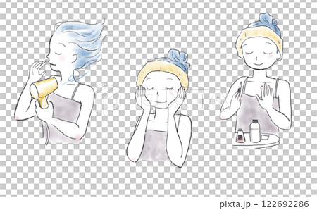 Illustration set of a woman doing skin care after bath Illustration set of a woman doing skin care after bath 122692286