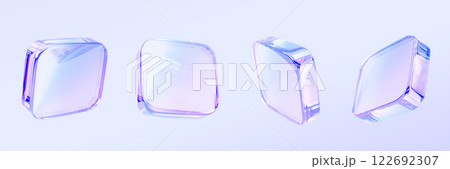 3d crystal glass square plate shapes with holographic gradient. Isolated cube block with rainbow light prism effect render icon set. Abstract glossy iridescent object with reflection. 3D illustration 122692307