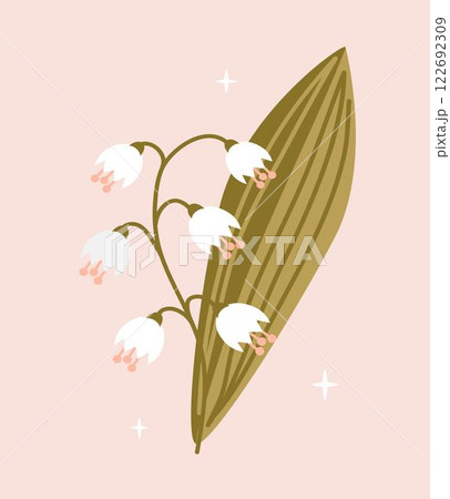 The isolated image features delicate lilies of the valley on a beige background with stars The isolated image features delicate lilies of the valley on a beige background with stars 122692309