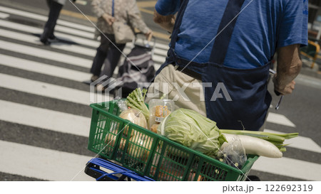荷台に野菜を載せた自転車を運転する後ろ姿 荷台に野菜を載せた自転車を運転する後ろ姿 122692319
