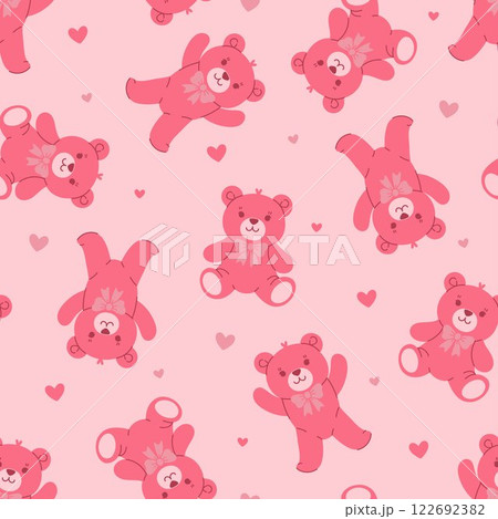 Seamless pattern with pink teddy bears and hearts. Vector graphics. Seamless pattern with pink teddy bears and hearts. Vector graphics. 122692382