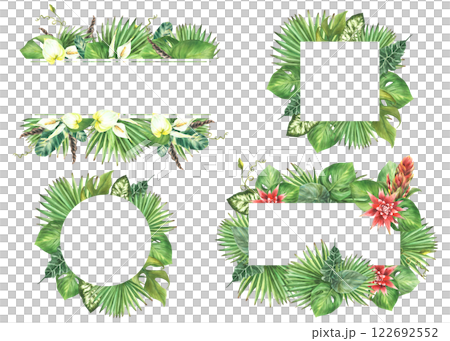 Tropical green leaves with flowers. Frame banner set Red, white and green exotic plant, Monstera palm leaf, curly creeper, tropic buds. Watercolor hand drawn illustration. Isolated from background.  122692552