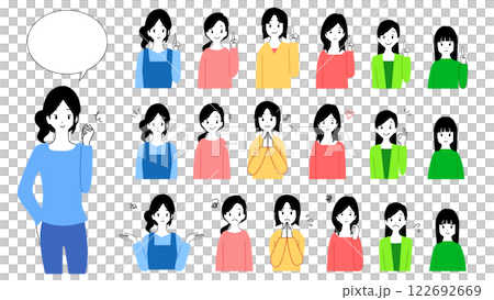 複数人の若い女性のアバターセット　笑顔、困る、紹介する 122692669