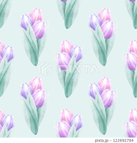 Bouquets of pink and lilac tulips watercolor seamless pattern on light green background. Hand draw delicate pastel flower illustration for Mother and Women Day design, textile, fabric and packaging. Bouquets of pink and lilac tulips watercolor seamless pattern on light green background. Hand draw delicate pastel flower illustration for Mother and Women Day design, textile, fabric and packaging. 122692784