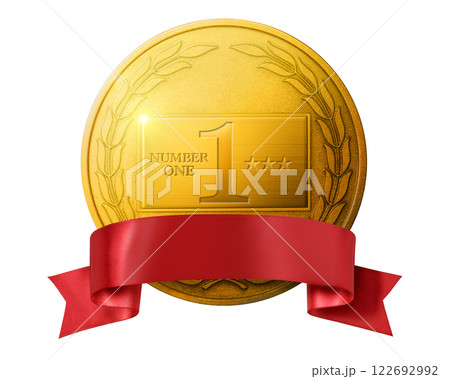 赤いリボンのバナーのついた第一位の金メダル 122692992