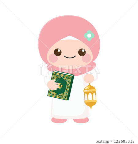 Cute hijab girl with Quran and lantern 122693315