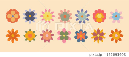 Groovy simple flowers set. Collection of abstract flowers in minimalistic style. Geometric flower set. Abstract minimal daisy elements. Brutalist design.  122693408