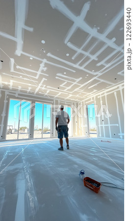 professional drywall installer working on new residential project, applying finishing touches 122693440