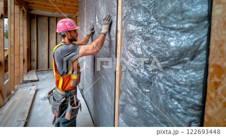 Fitting foam insulation panels in construction site with focus and care 122693448
