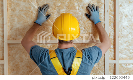 worker is fitting foam insulation panels on wall 122693449