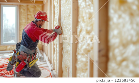 Worker fitting foam insulation in construction site, focused and skilled Worker fitting foam insulation in construction site, focused and skilled 122693450