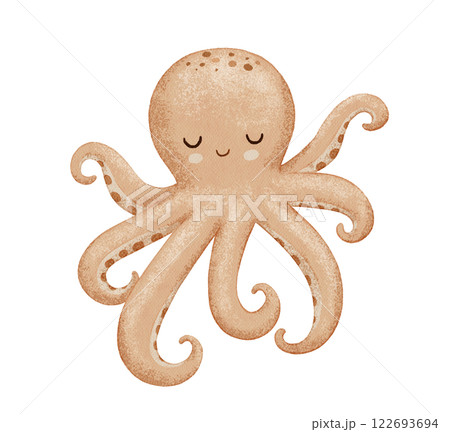 Cute octopus, sea animal character in neutral colors, watercolor hand drawn isolated illustration for baby Cute octopus, sea animal character in neutral colors, watercolor hand drawn isolated illustration for baby 122693694