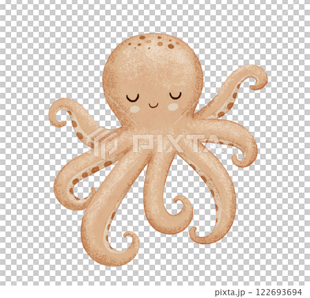 Cute octopus, sea animal character in neutral colors, watercolor hand drawn isolated illustration for baby Cute octopus, sea animal character in neutral colors, watercolor hand drawn isolated illustration for baby 122693694