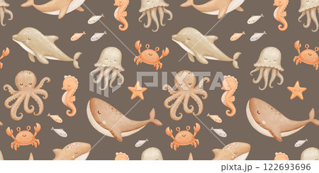 Seamless brown pattern with cute baby whale, octopus and seahorse, sea animals, watercolor hand drawn isolated repeating design on dark for kids 122693696