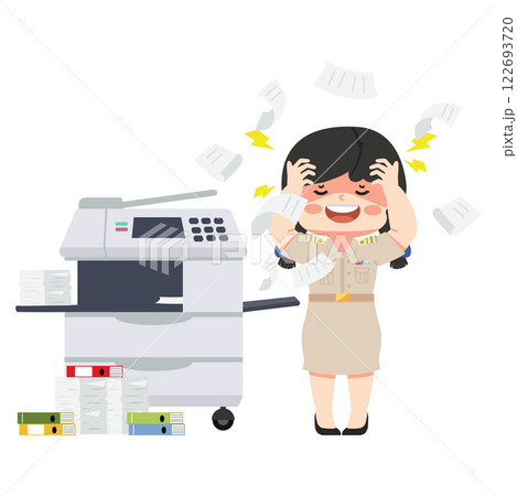 A confused teacher struggles with a broken office multifunction printer and copier 122693720