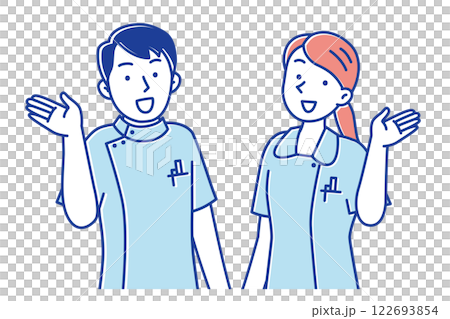 手を上げて案内する若い看護師の男女のイラスト 122693854