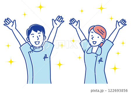手を上げて喜ぶ若い看護師の男女のイラスト 122693856