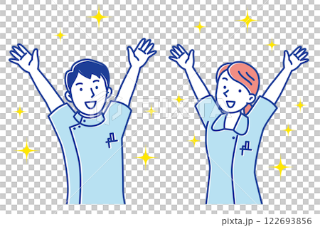 手を上げて喜ぶ若い看護師の男女のイラスト 122693856