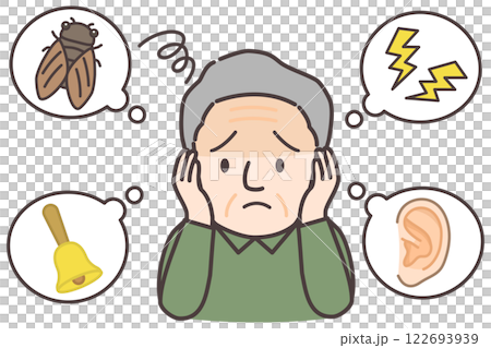 一位受耳鳴和噪音困擾的老年人的插圖 122693939