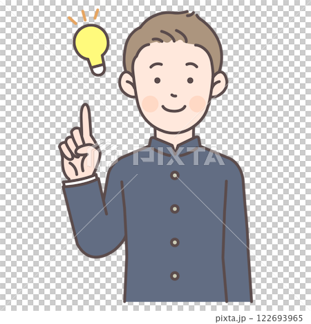 A male student in a school uniform comes up with an idea while pointing 122693965